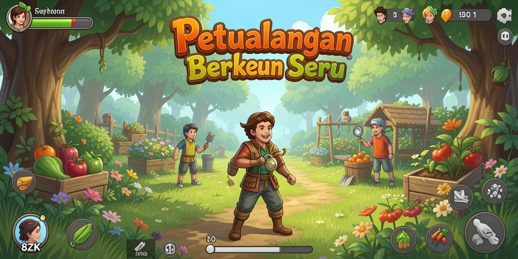 Screenshot gameplay 8ZK menunjukkan kebun yang indah dan beragam tanaman.