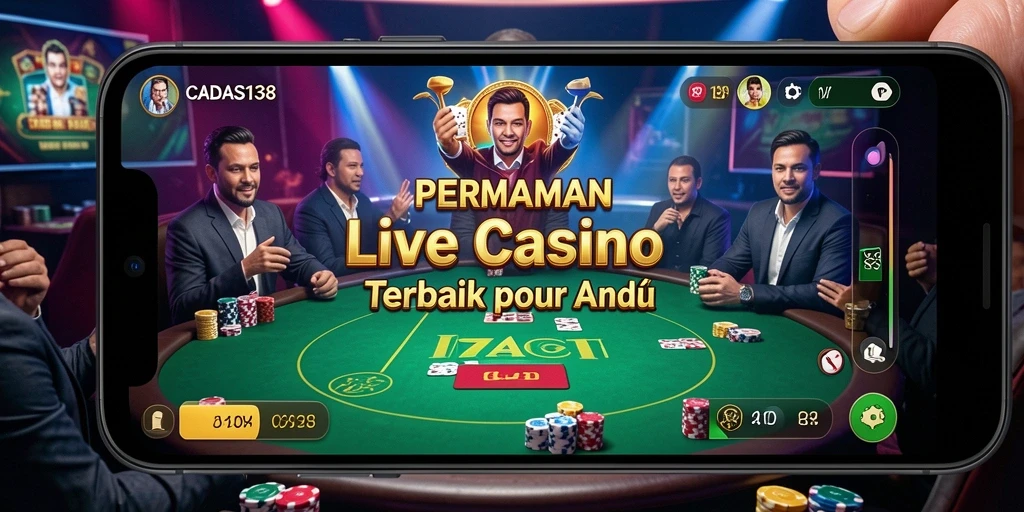 Screenshot menampilkan dealer langsung dengan latar belakang kasino yang menakjubkan.