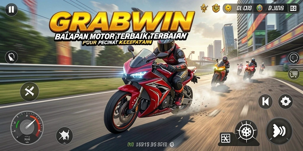 Screenshot gameplay GRABWIN menampilkan balapan motor yang mendebarkan.