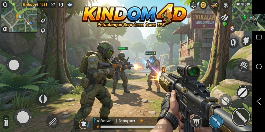 Tampilan aksi seru dalam permainan KINDOM4D dengan gameplay TPS yang menarik.