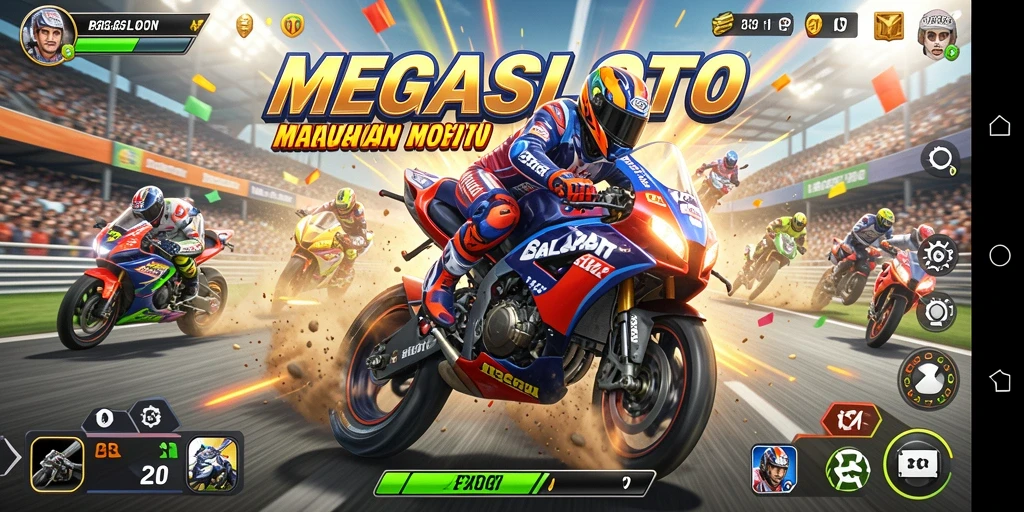 Tampilan gameplay balapan motor yang mendebarkan di MEGASLOTO.