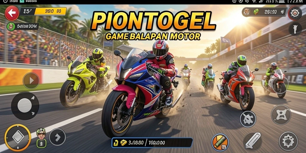 Screenshot gameplay PIONTOGEL menampilkan aksi balapan motor yang mendebarkan.
