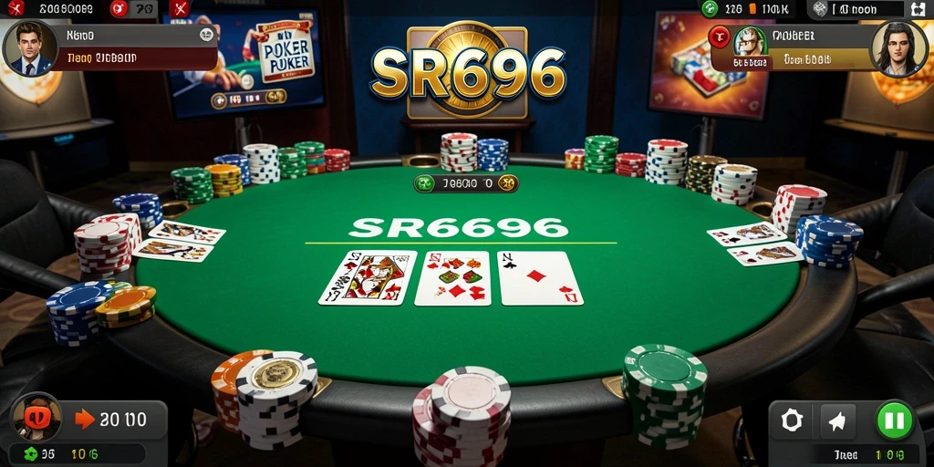 Tampilan gameplay mendebarkan dari SR6666 dengan pemain di meja poker.