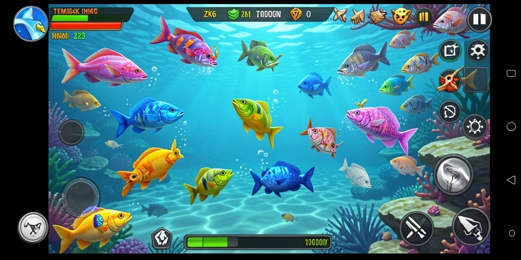 Screenshot gameplay ZK6 menampilkan aksi menangkap ikan.